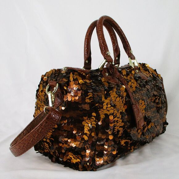 Copper Autumn Brown Sequin Top Handle Shoulder Strap Tote Purse Duffel Bag - Picture 5 of 8